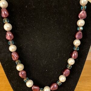 Vintage necklace with blue glass beads, faux pearls & burgundy beads w/ss toggle